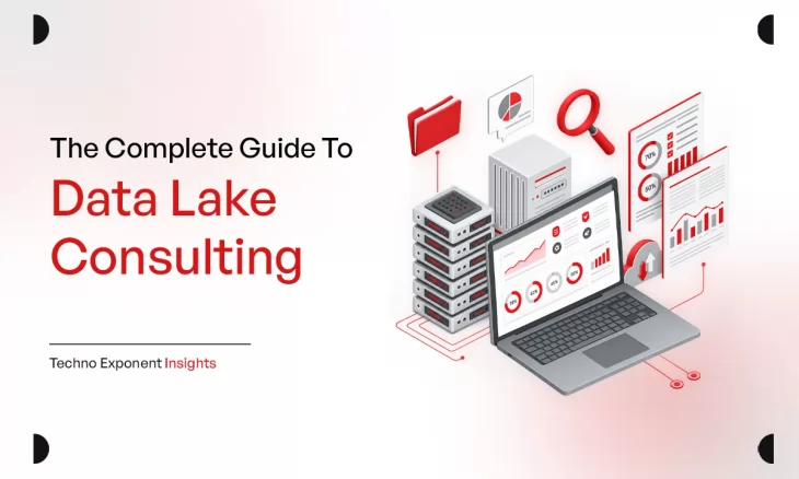 The complete guide to data lake consulting – data servers, laptop analytics dashboard and reports illustrating data lake architecture